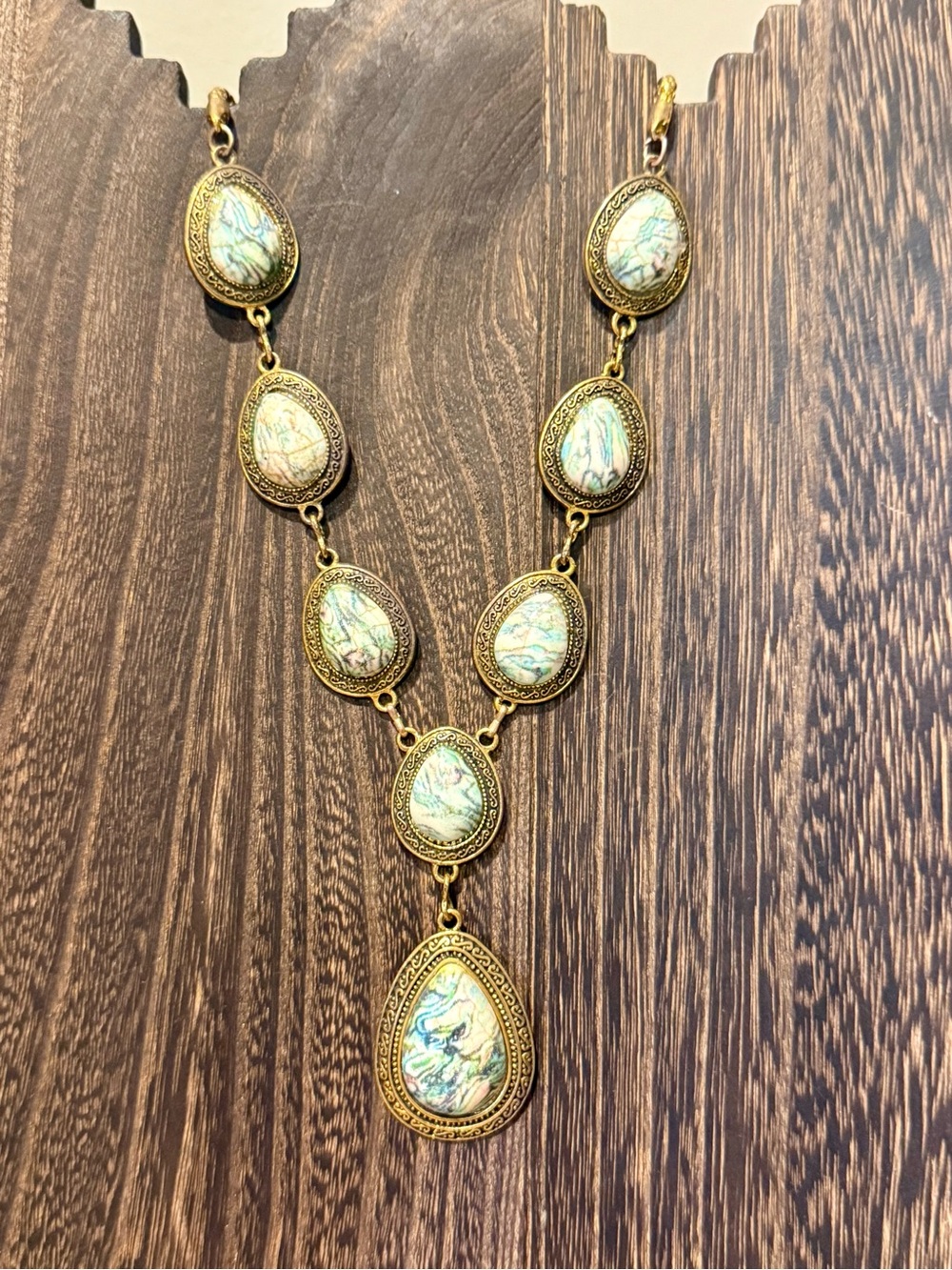 Vintage Gold Necklace with Iridescent Green Teardrop Cabochons